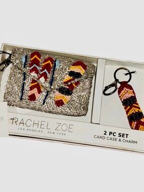 Rachel Zoe Ski Silver Beaded Card Case with Red, Yellow & Black Bead Charm NIB